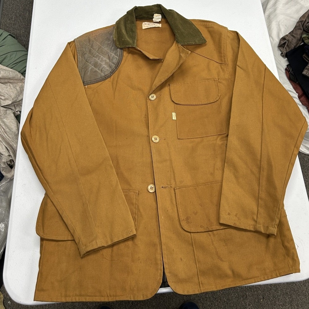 SafTbak Hunting Jacket Mens M Brown Canvas Corduroy Collar Quilted Patch F2